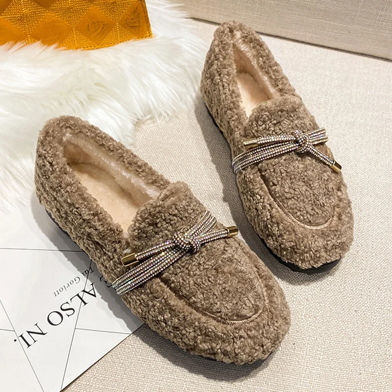 Crystal String Bowtie Loafers Women Curly Lambswool Flats Winter Cotton Shoes Ladies Office Dress