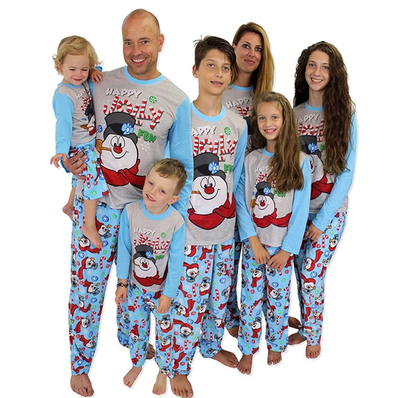 

Милый Рождественский пижамный комплект, семейные одинаковые наряды, одежда для мамы и меня, топы с принтом снеговика, футболка и штаны, кост...