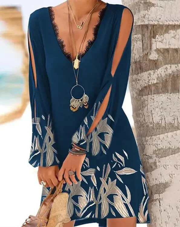 

Lace-Trimmed Botanical Print Split-Sleeve Casual Mini Dress Summer Women's New Fashion V-Neck Long Sleeve