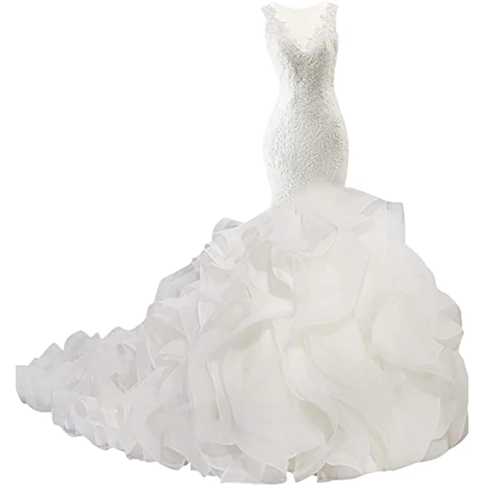 

Великолепные женские длинные свадебные платья с кружевной аппликацией, V-образным вырезом, молнией, без рукавов, со шлейфом, свадебные плать...