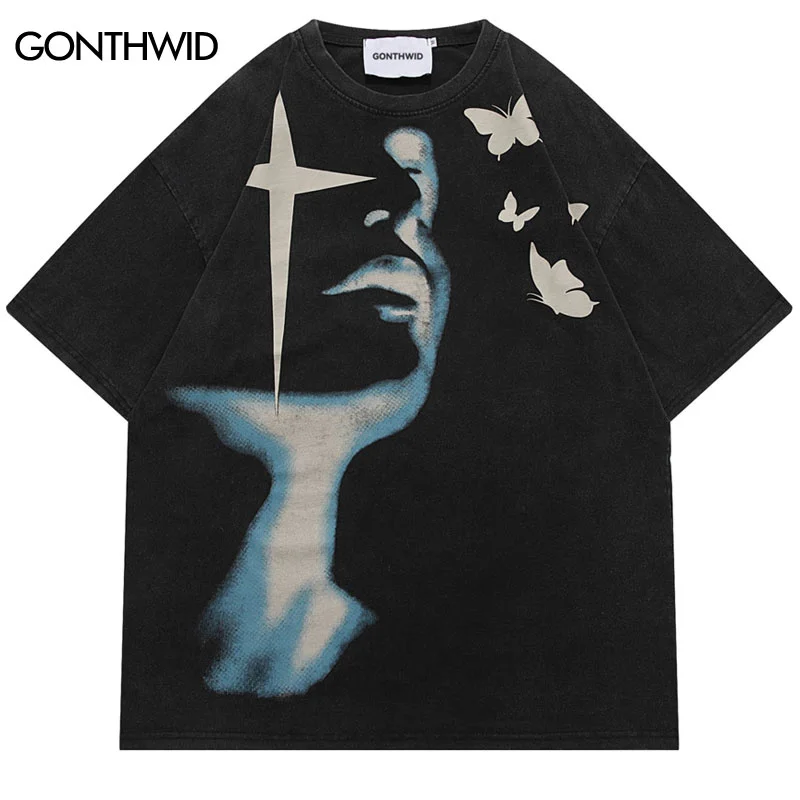 

Винтажная уличная одежда в стиле панк, футболка в стиле хип-хоп, с принтом бабочки и теней, Мужская футболка с графическим принтом, стиль Харадзюку 2023, модный топ