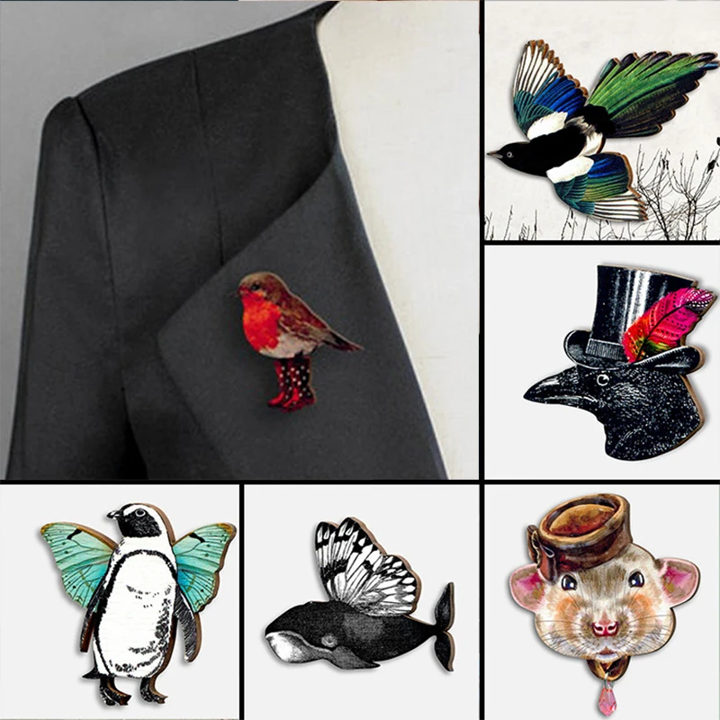

Unique Magpie Brooch Pin Wooden Animal Pendant Suit Brooch Cute Animal Pins Owl Birds Brooch Pin Decoration Wedding Party Supply