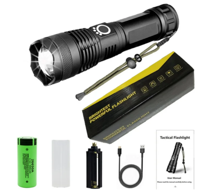 

XHP50 Powerful LED Flashlight - USB Rechargeable Zoomable Torch for Camping, Outdoor, and Emergency Use