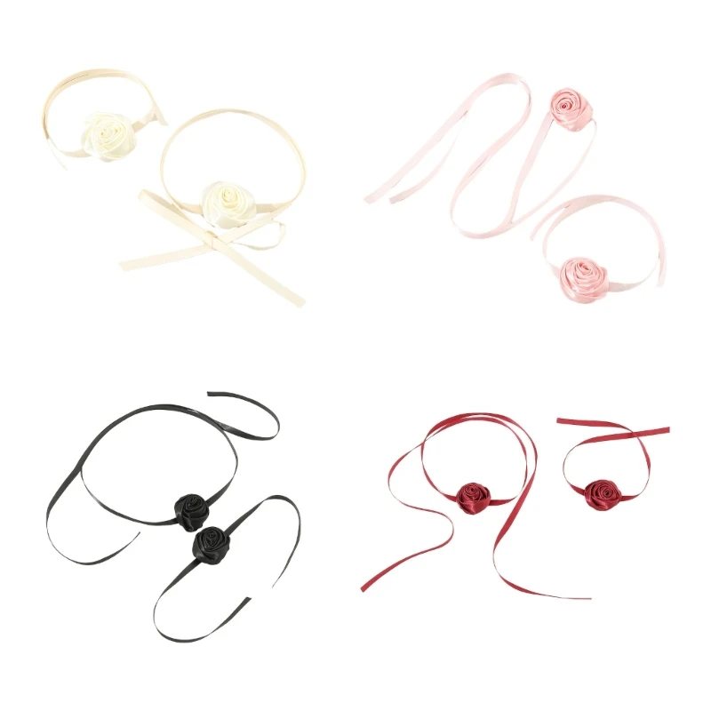 Сексуальное простое колье-чокер с длинной лентой и цветком розы
