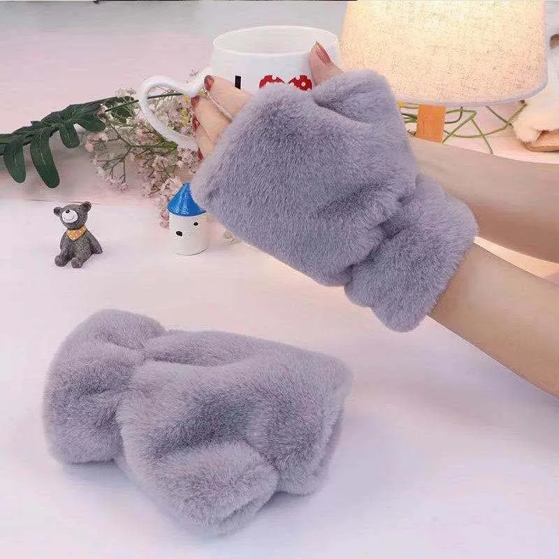 

Half Finger Gloves Women's Warm Plush Thickened Solid Simple
