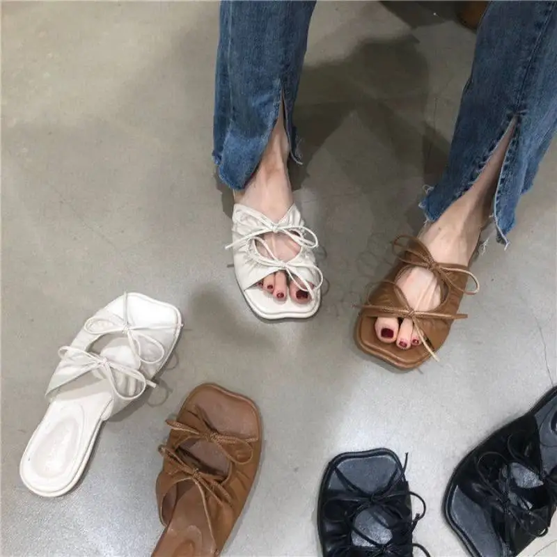 

Summer Sandals Women Designer Slides Retro Ugly Cute Bowtie Outwear Sandals and Slippers Zapatillas De Mujer