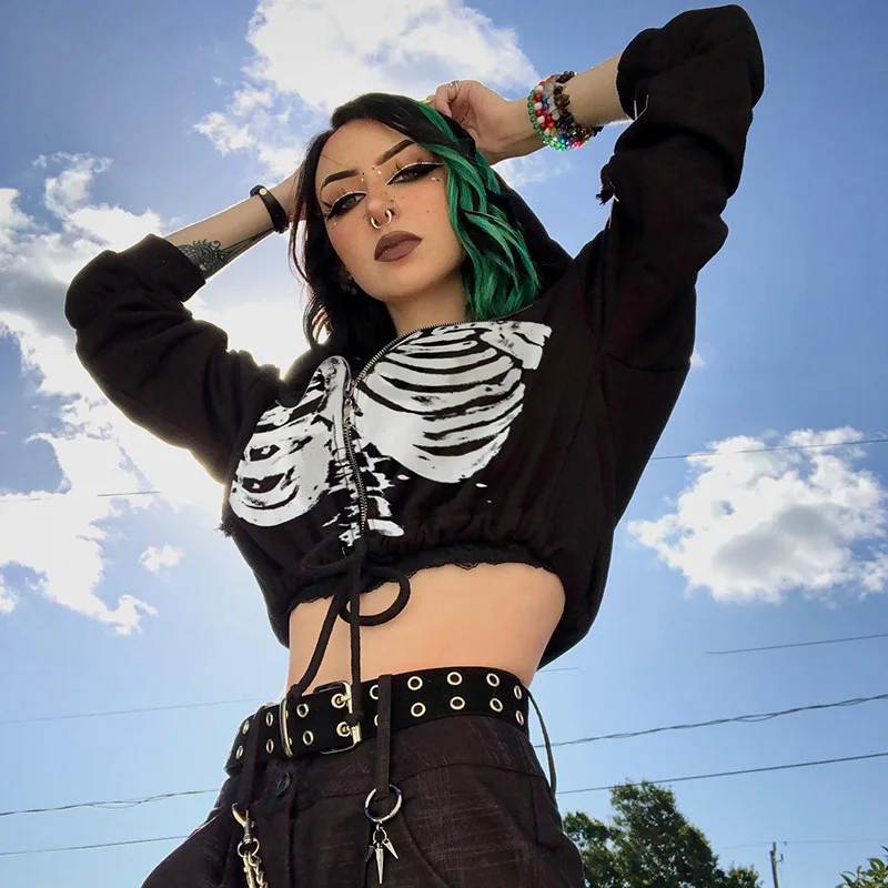 

Fashion Y2K Skeleton Hoodies Women Gothic Black Zip Up Oversized Sweatshirt Ladies Retro Harajuku Hooded Jacket Streetwear