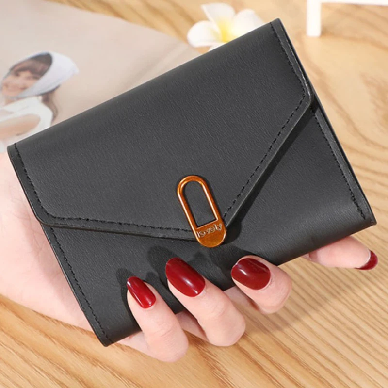 

New Brand Women Wallets PU Leather Purse Three Folding Short Wallet High Texture Color Matching Purse Golden Button Coin Pocket