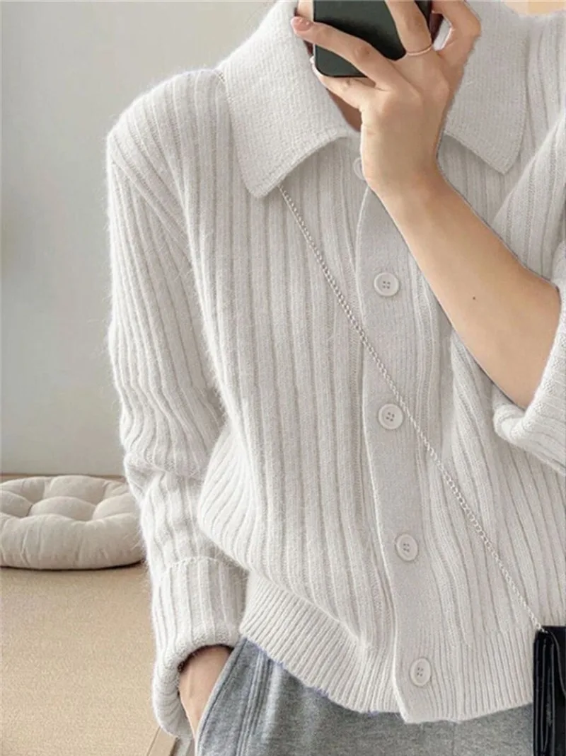 

Женский Укороченный кардиган с отложным воротником, Осенний Однотонный свитер на пуговицах, пальто, женские модные мягкие фиолетовые Топы с длинным рукавом