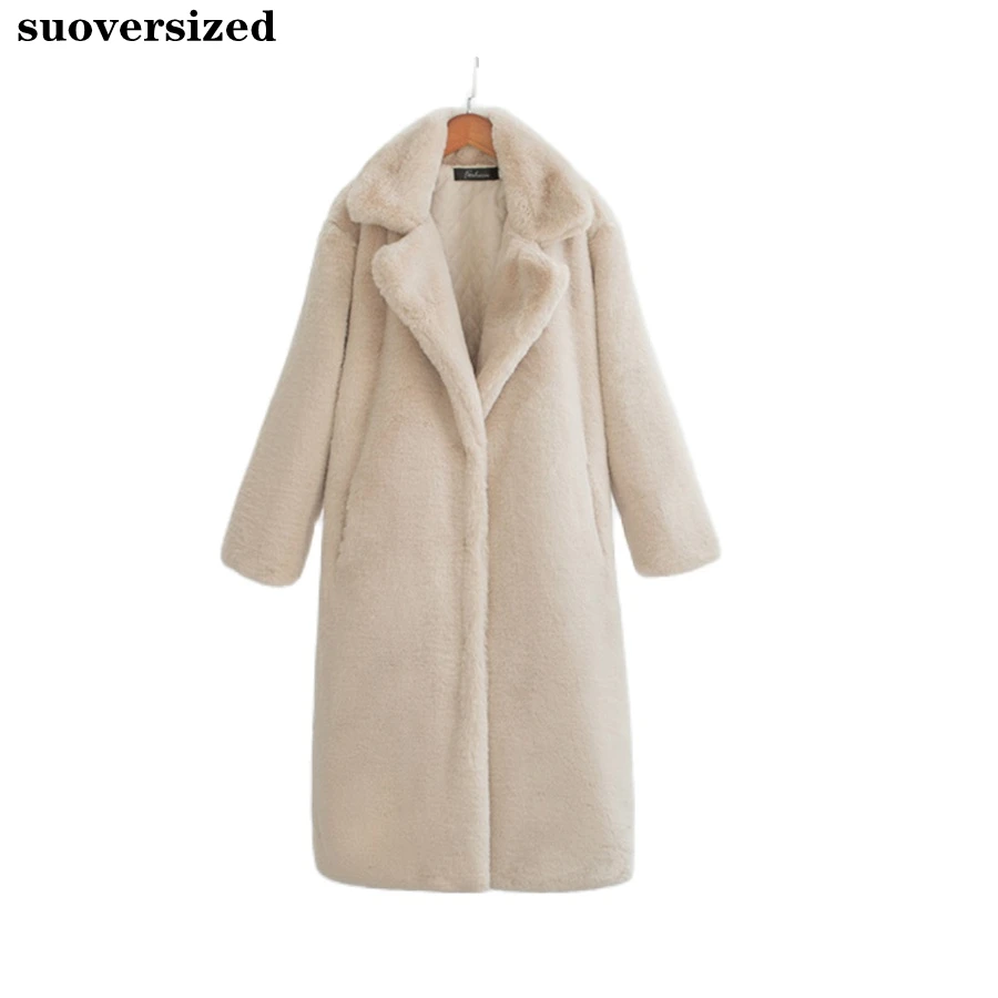 

Winter Faux Mink Rabbit Fur Long Coat Women Without Belted Warm Thicken Overcoat Soft Plush Outwear Luxury Jackets Korean Top