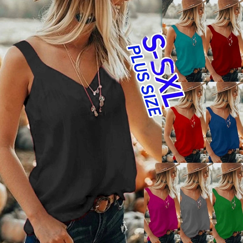Women Sexy Summer Loose Off Shoulder Deep V-Neck Irregular Shirt Ladies Fashion Solid Color Pleated Loose Sling Tank Tops