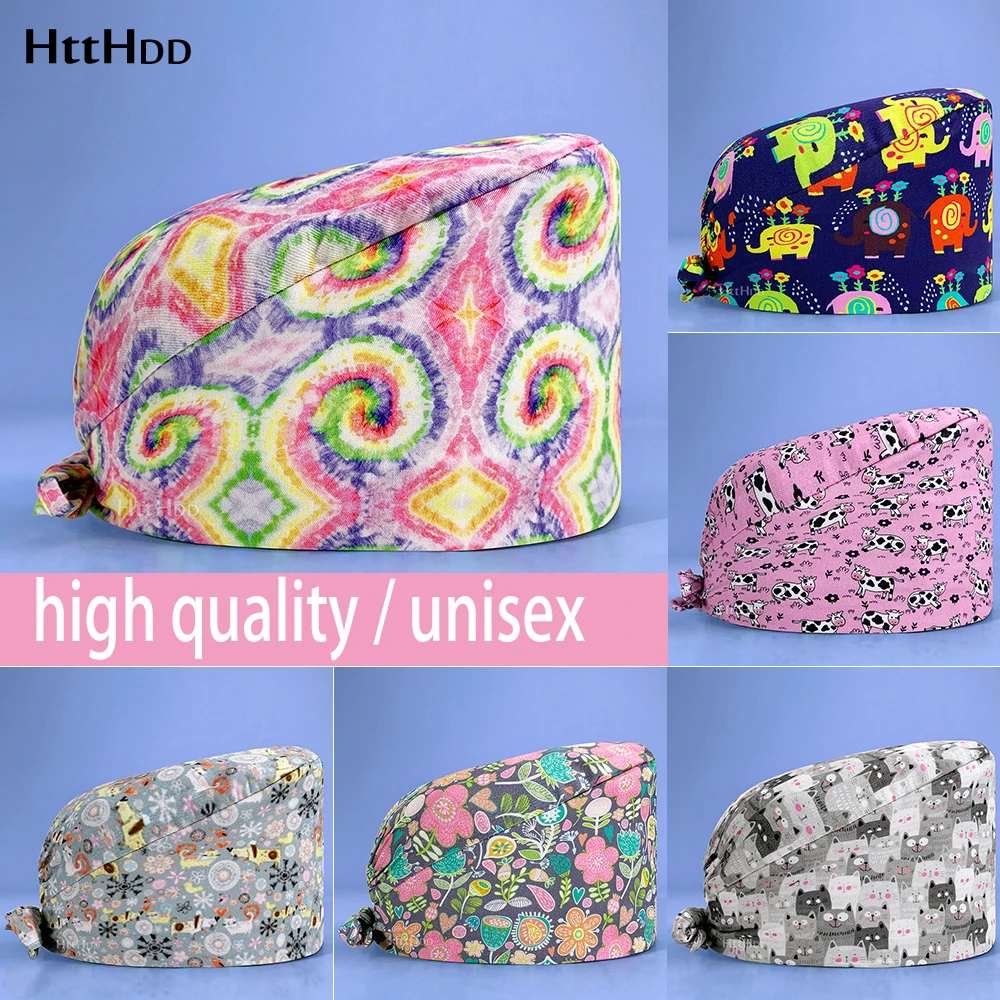 

Unisex Nurse Uniform Accessories Scrubs Cap Cute 100% Cotton Candy Printing Scrub Caps Pet Shop Chef Lab Work Surgicals Hats New