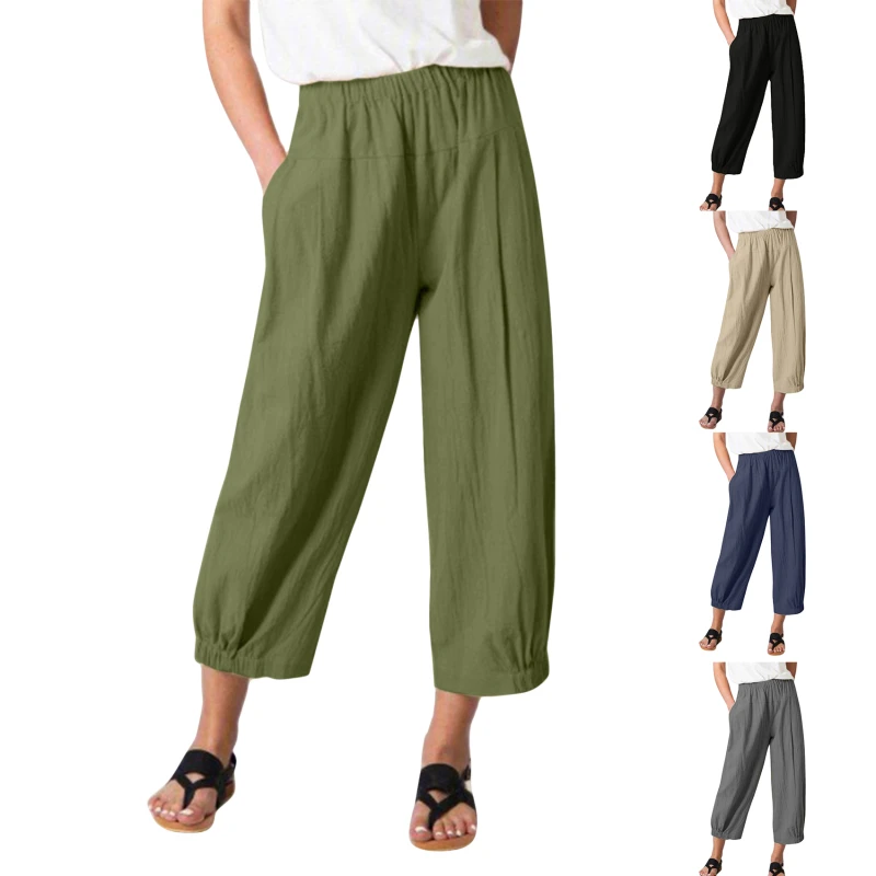 Women's Harem Pants Summer Cotton Linen Cropped Pants Breathable Ankle-length Trousers Casual Retro Loose High Waist Solid Pant