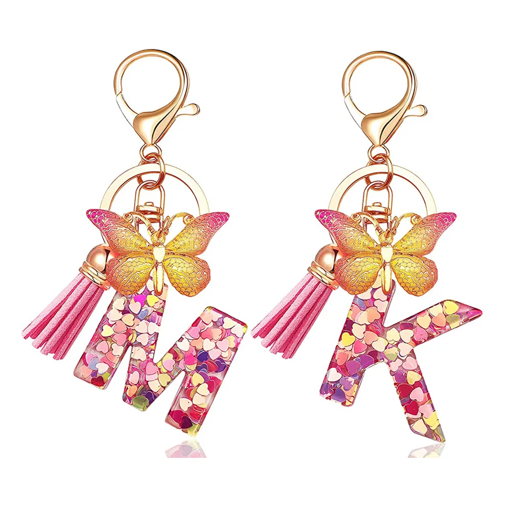 

Fashion Resin A-Z Initial Letter Keychain For Women Pink Sparkle Butterfly Tassel Alphabet Keyring For Purse Handbags Car Keys