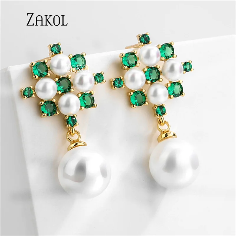 

ZAKOL Water Drop Zirconia Crystal Dangle Earrings For Women Fashion Imitation Pearl Leaf Bridal Wedding Dress Jewelry EP5560
