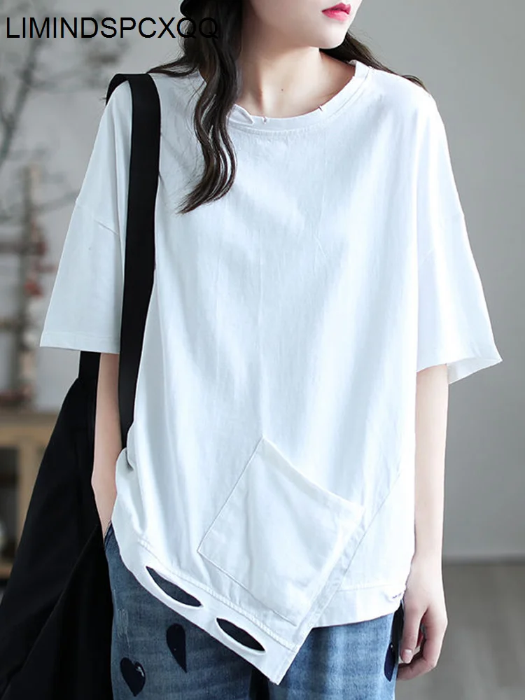 

LIMINDSPCXQQ Fashion Streetwear Holes Ladies Summer Solid Tee Shirts Womens Casual T-shirts Gothic Style O-neck Casual Clothes