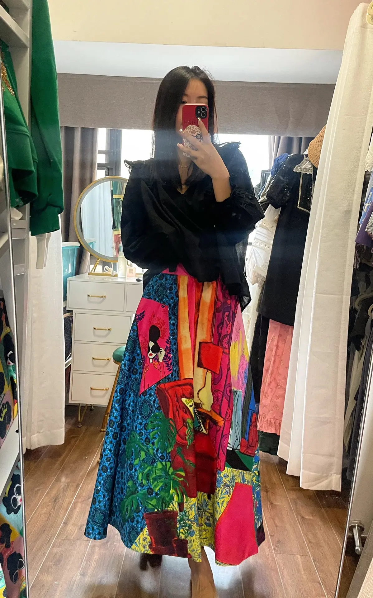 

Women Cartoon Printed High Waist A-line Long Skirt