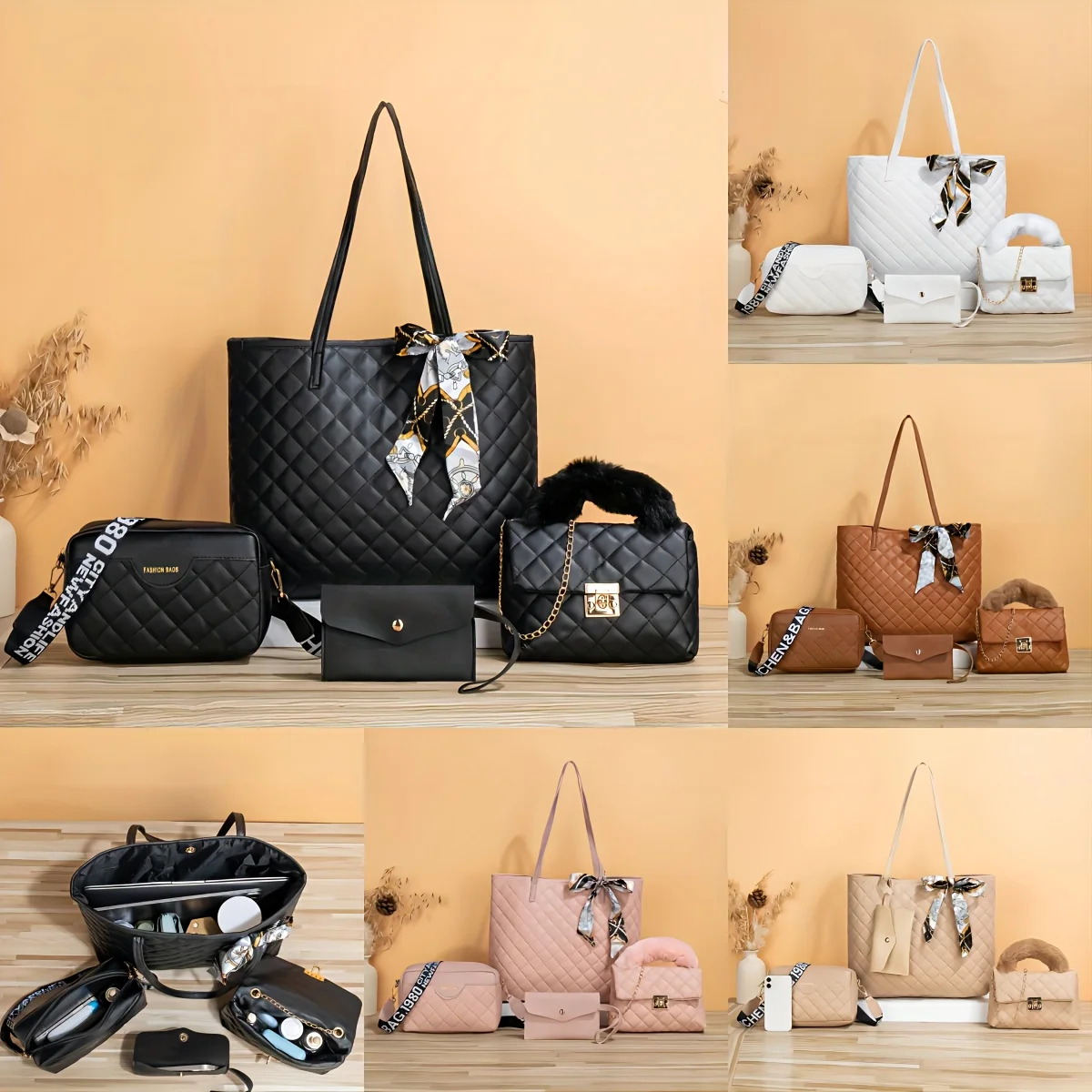 4 шт. женских стеганых шелковых шарфов ручная сумка на одно плечо с диагональным