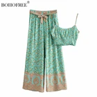 Богемный винтажный цветочный принт, длинные брюки и рубашки из вискозы и хлопка, комплект из 2 предметов, богемный летний повседневный комбинезон, женский комбинезон