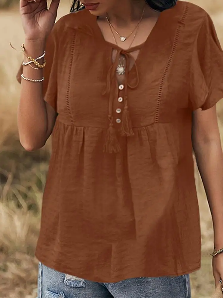 

Celmia Women Buttons Peplum Blouses Bandage Casual Loose Hollow Out Short Puff Sleeve Blusas V Neck 2022 Summer Elegant Tunic