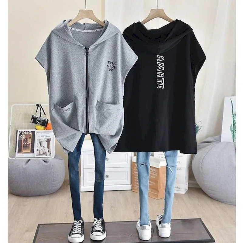 

Oversized Hoodies Women Autumn Spring Loose Thin Simple V Cardigan Zipper Sleeveless Hooded V Jackets Womens Casual Tops