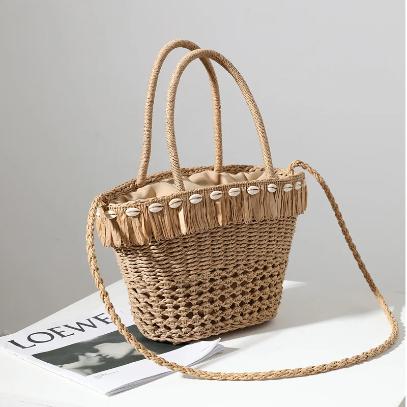 

YoReAi Woman Vacation Beach Shoulder Bag Large Capacity Straw Bags Shell Handmade Paper Rope Woven Handbag Fashion Square Pack