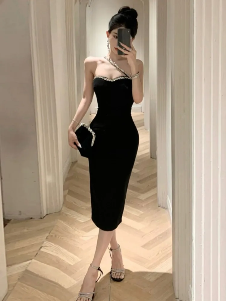 Ezgaga вечерние платья женские без рукавов со стразами тонкий французский стиль