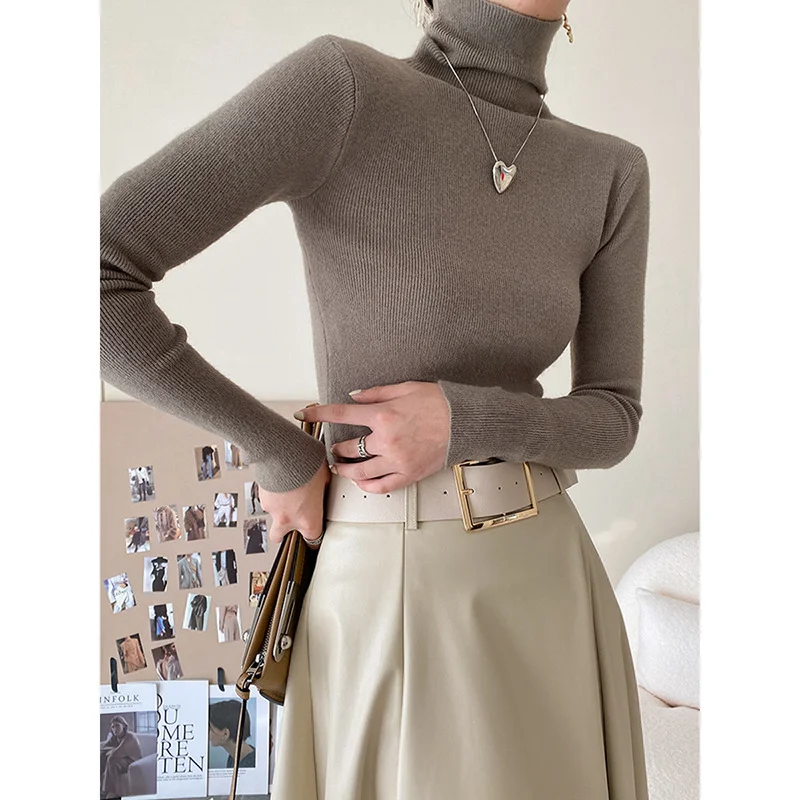 2021 Fall Winter свитер Turtleneck Ruched Women Sweaters High Elastic Solid Female Slim Sexy Knitted Pullovers