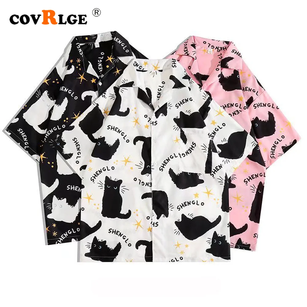 

Covrlge Cartoon Cat Printing Cute Couples Short-sleeved Pocket Shirt Ins All-match Loose Design Niche Casual Men's Shirt MCS198