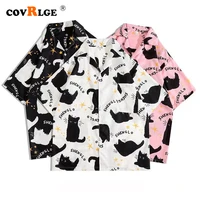 covrlge cartoon cat printing cute couples short sleeved pocket shirt ins all match loose design niche casual mens shirt mcs198