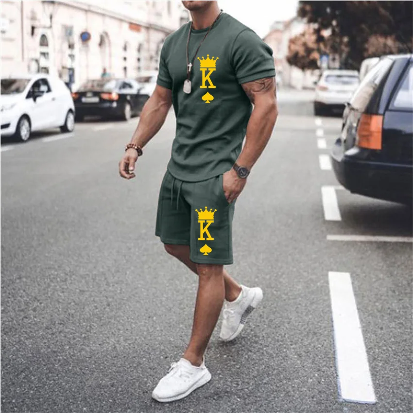 Summer Men Tracksuits Two-piece Set K-word Short Sleeve T-shirt Casual Sportswear Fashion Red Streetwear Solid Color Clothing