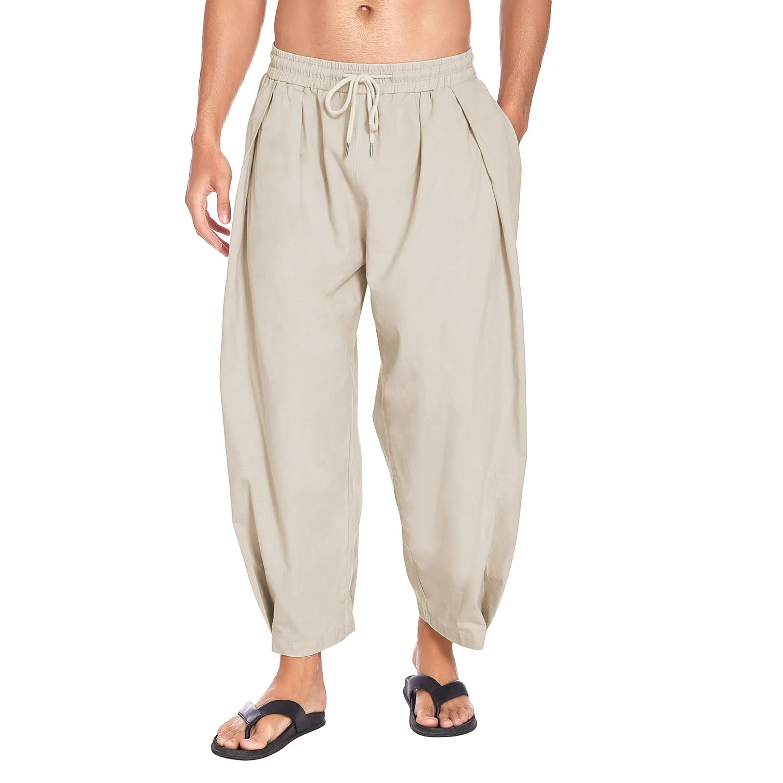 

Male Casual Solid Woven Wide Leg Pants Pleated Pocket Drawstring Pant Trouser High Quality Street Style Daily Pant Fast Shipping