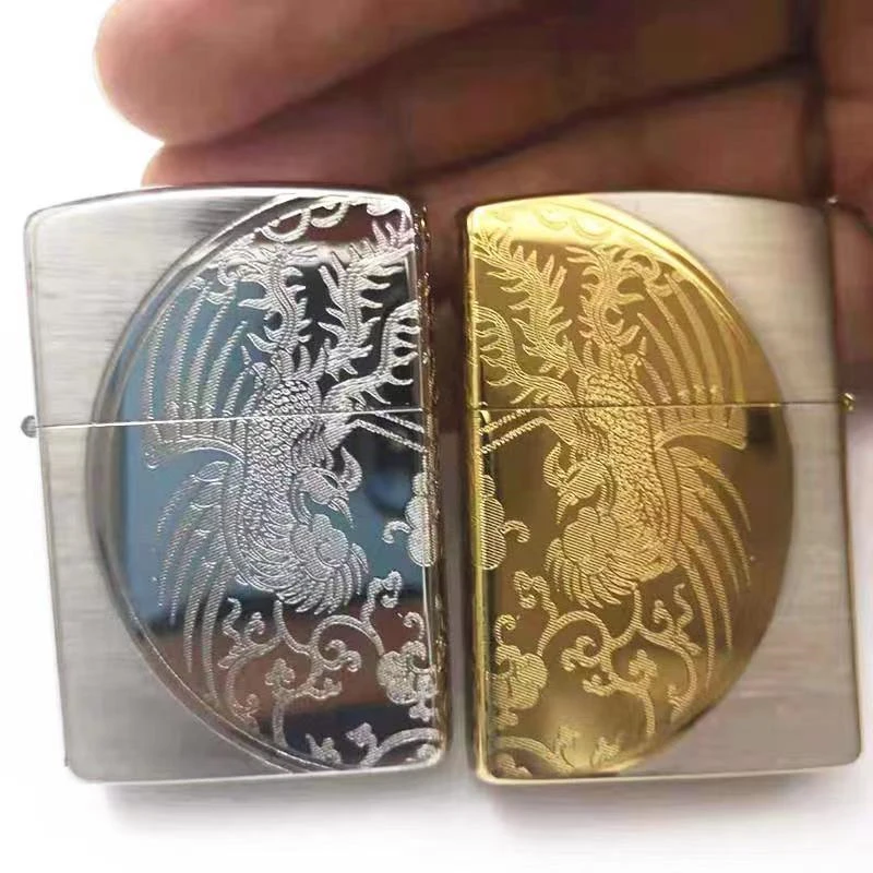 Double phoenix gold nickel kerosene lighter engraved on three sides