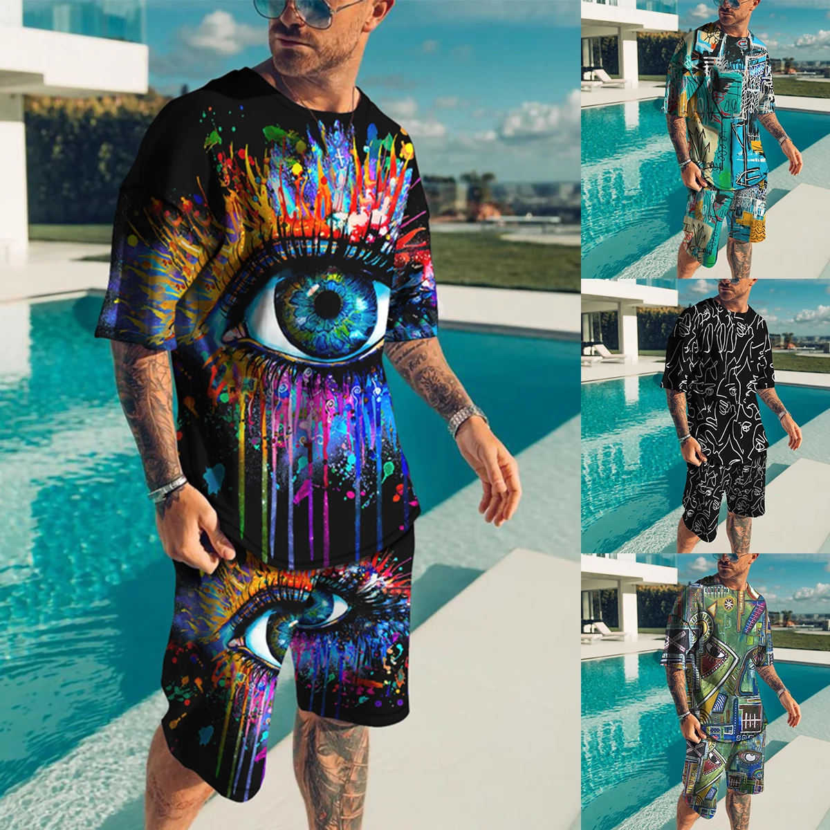 

Мужской спортивный костюм из 2 предметов, Повседневная Уличная футболка с 3D-принтом и шорты с коротким рукавом, 2022