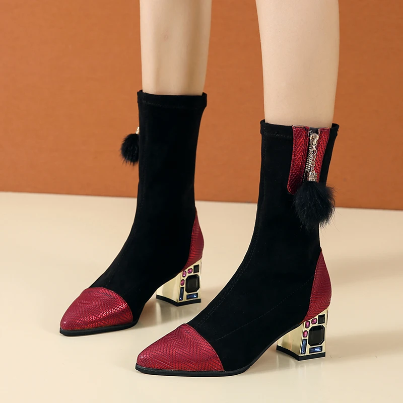 

Rimocy Mix Color Crystal Heels Boots for Women Fashion Fringe High Heels Ankle Boots Woman Autumn Winter Pointed Toe Booties