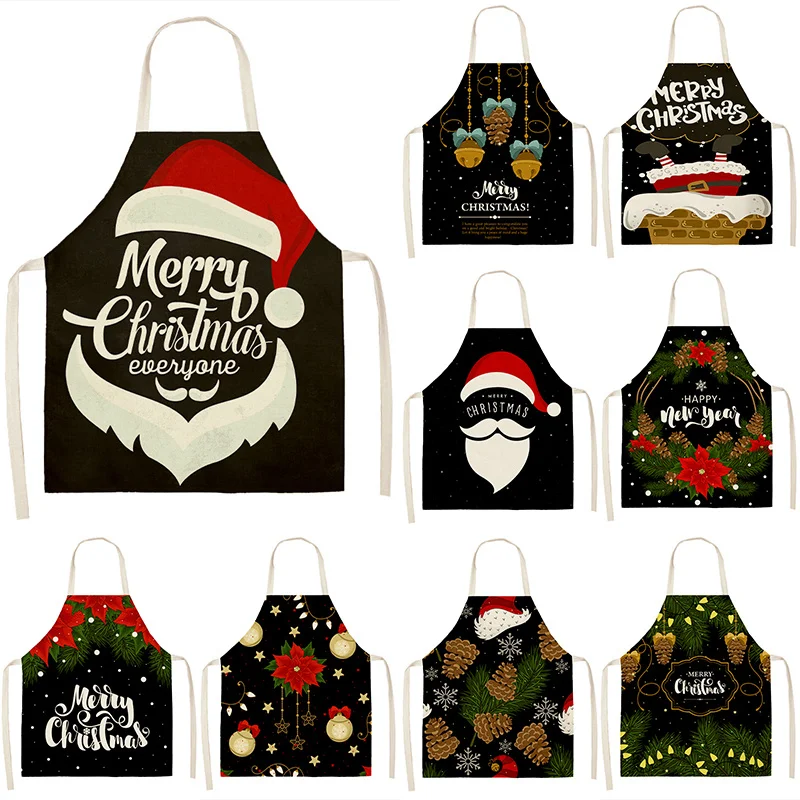 

Christmas Santa Claus Black Pattern Cleaning Aprons 53*65cm Home Cooking Kitchen Apron Cook Wear Cotton Linen Adult Bibs 46397