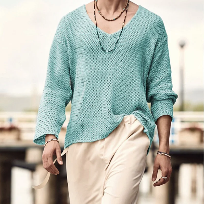 Autumn Men Long Sleeve T Shirt Vintage Solid Knitting Tops Mens Casual Loose V Neck Tee Fashion Male Knitted Clothing Streetwear |