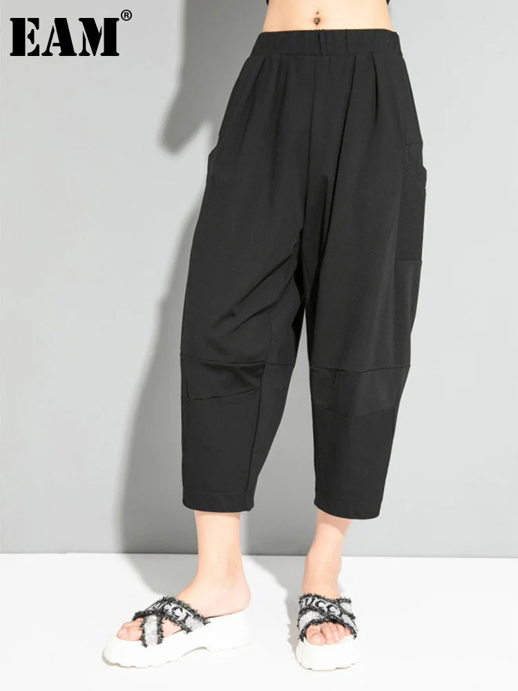 

[EAM] High Elastic Waist Black Pocket Casual Harem Pants New Loose Fit Trousers Women Fashion Tide Spring Autumn 2023 1DF4712