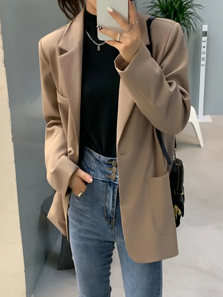 

LY VAREY LIN New Spring Autumn Casual Blazer Women Fashion Lapel Single Breasted Coat Office Lady Solid Color Loose Outwear