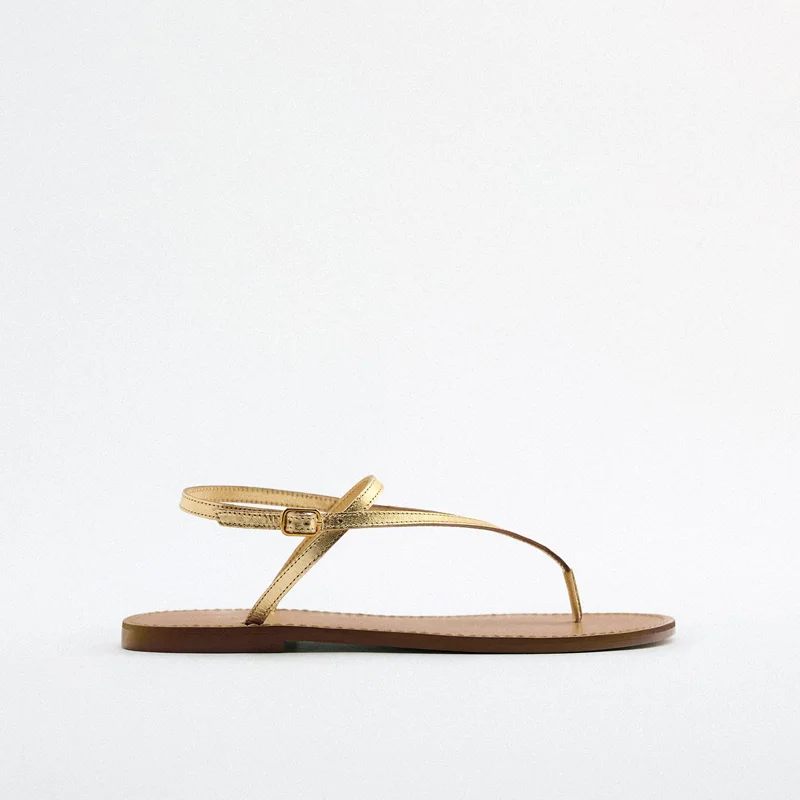 TRAF Flat Shoes Women Sandals 2022 Summer Beach Shoes Metal  Luxury Designer Shoes Women's Clip-On Roman Sandals Woman Shoes