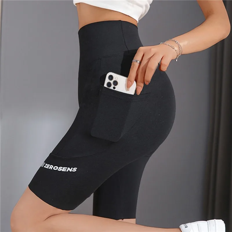Seamless Biker Shorts With Pockets Women Fitness Casual High Waist Summer Slim Knee-Length Bottoms Streetwear Cycling Shorts