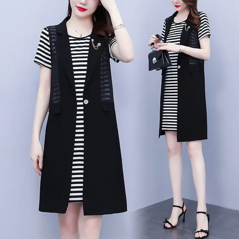 

Dress Suit Women's Fashion 2022 Summer Clothing Korean Retro Printed Short Sleeve T Shirt Chiffon Dresses Two-Piece Sets E195