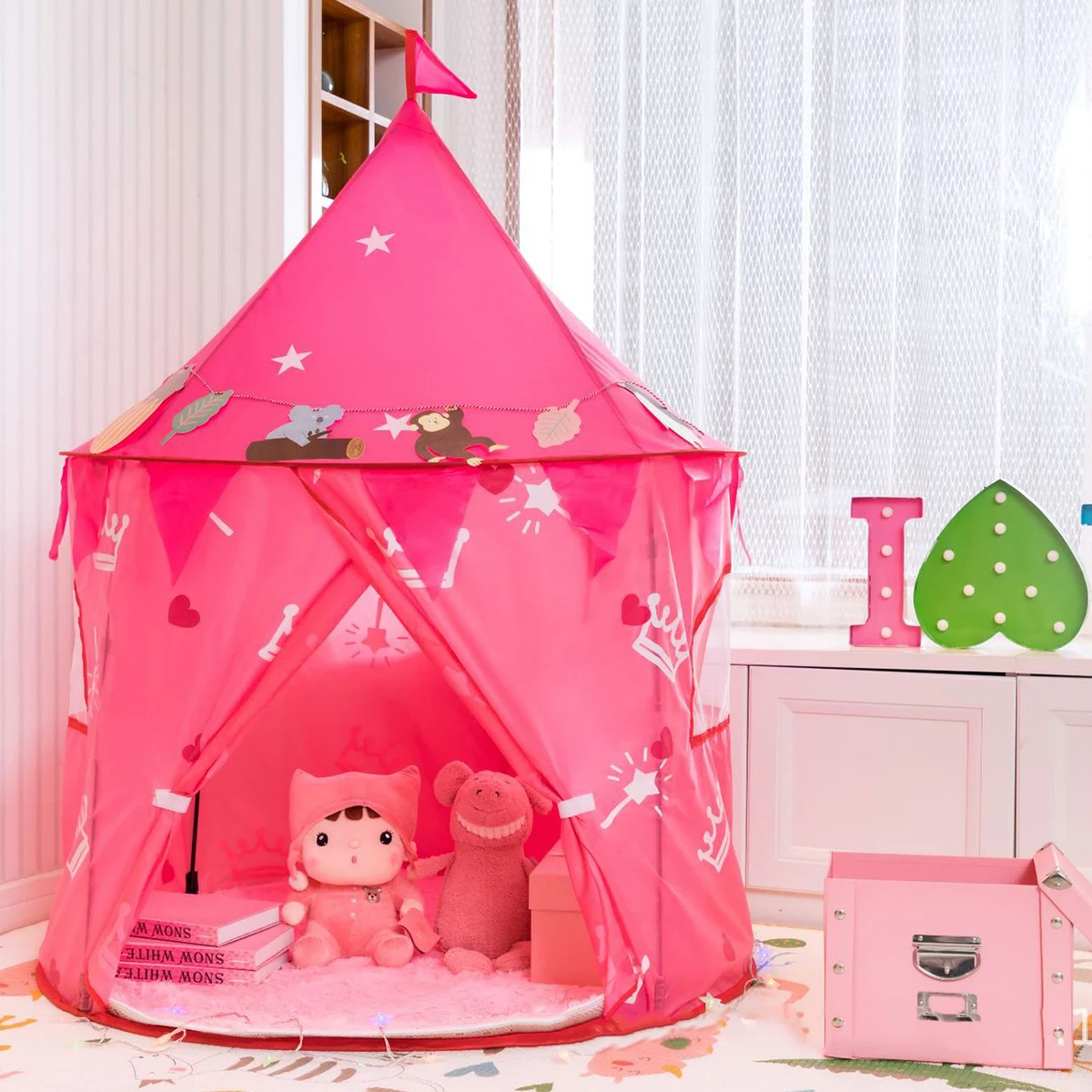 

Princess Tent with Stars Crowns Fireworks Pattern Playhouse Tent Large Space Fairy Castle Tent ndoor Outdoor Play Game