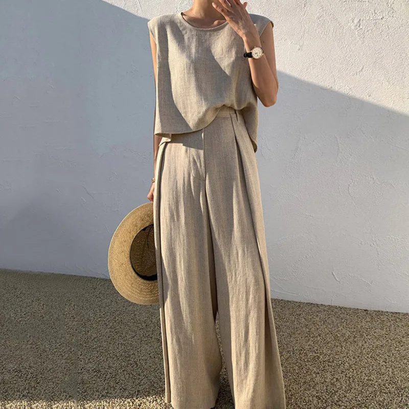 

Fashion Casual Female Cotton Linen Suits Summer Solid O-Neck Tank Top Wide Leg Pants 2 Piece Sets Loose Sleeveless Women Outfits