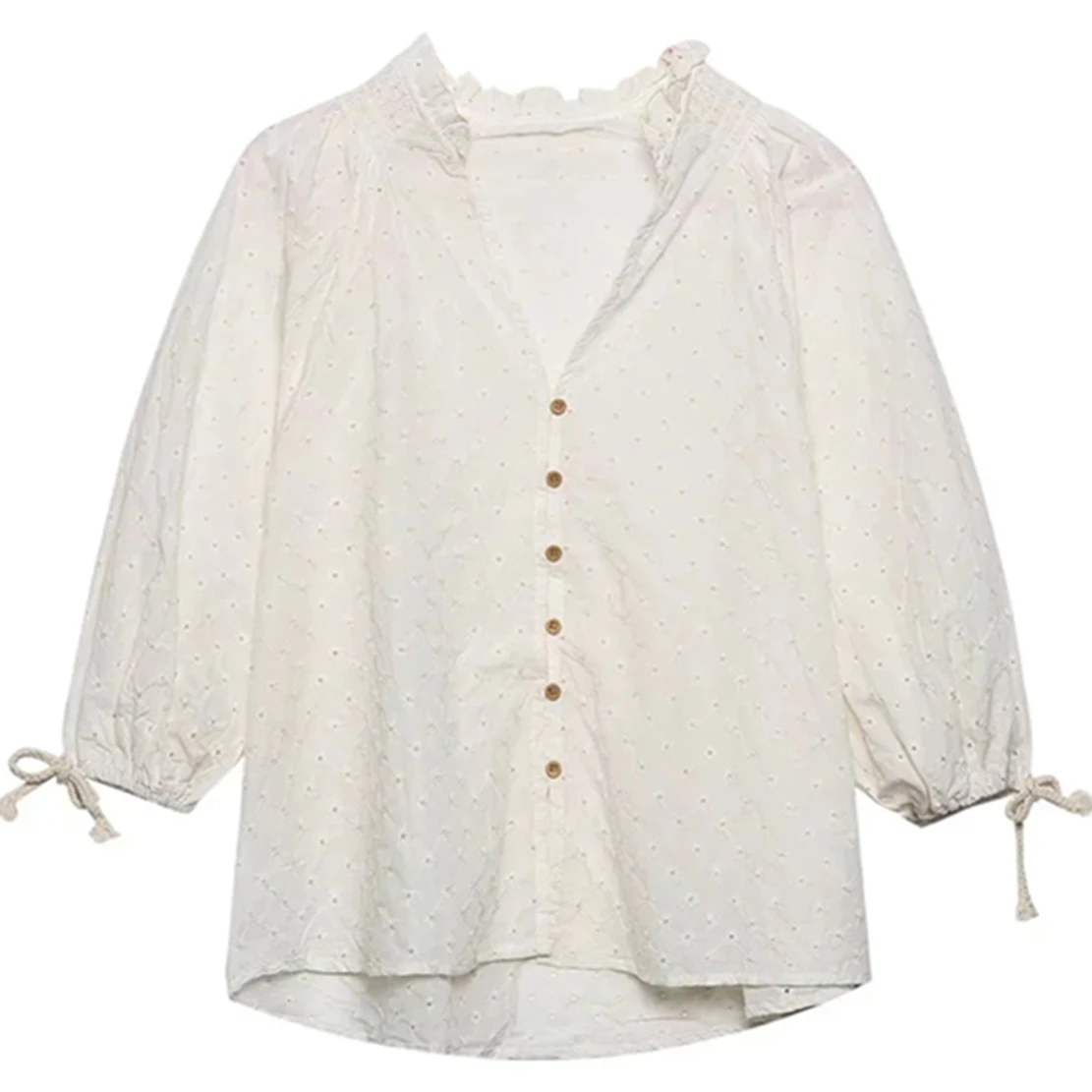 

Maxdutti Indie Folk V Fashion Summer Blouse Women ntage Embroidery Hollow Out Flower Pure Cotton Beige Casual Shirts Tops