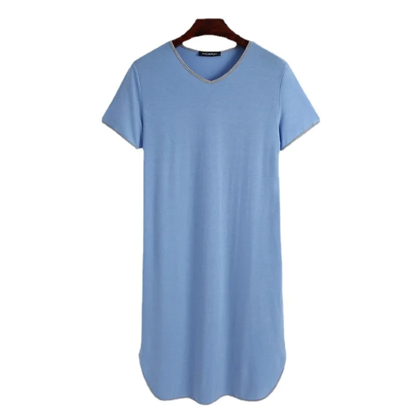 Muslim Men's Pajamas Casual Short Sleeve Solid V-Neck Robes Sleepwear Vintage Nightgowns  Men Homewear Pijamas Hombre Night Gown