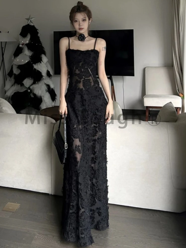 Черное сексуальное женское платье средней длины летнее Прозрачное на бретелях Y2k