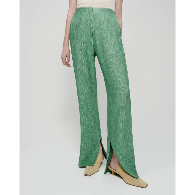 

2021 Spring Summer Green New Women Slit Flared High Waist Pants Straight Ladies Long Trousers Female Bottoms
