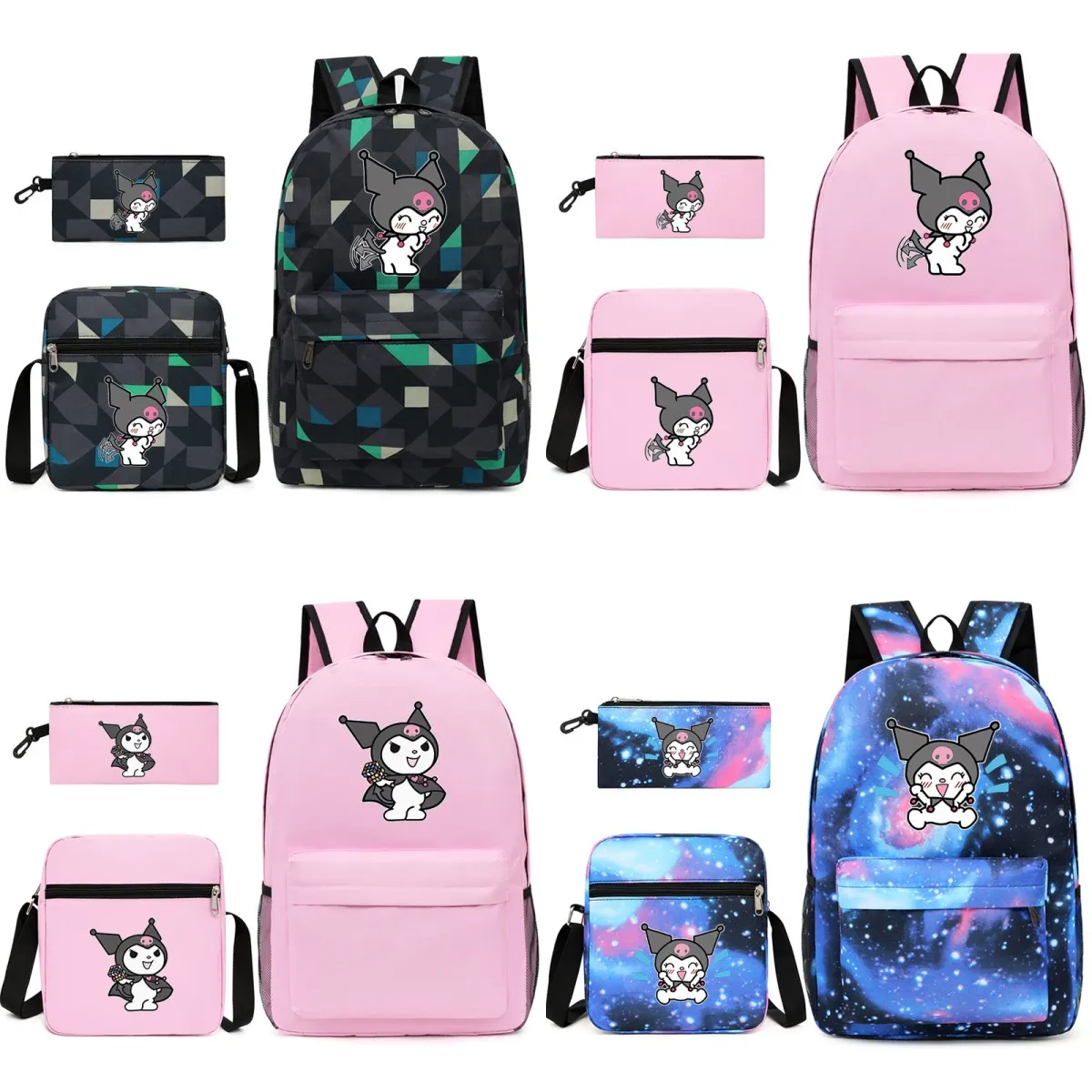 

Sanrioнабор из трех предметов, новая школьная сумка со звездами, мультяшная сумка Kuromi для ручек, сумка через плечо, сумка на плечо, подарок на день рождения для девочек и мальчиков