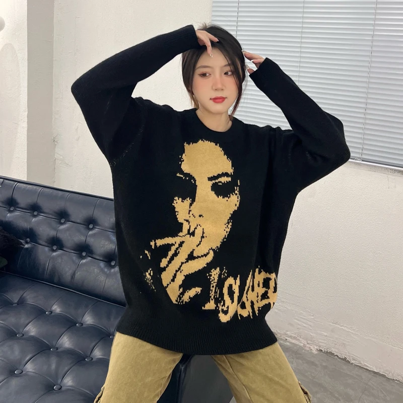 

Женский винтажный свитер с круглым вырезом, Свободный пуловер в стиле Харадзюку, теплая трикотажная одежда в стиле ретро, зимняя уличная од...